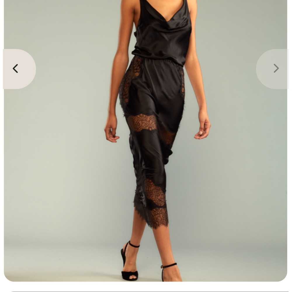 Cynthia Rowley Black Satin Midi Skirt with Lace Insets